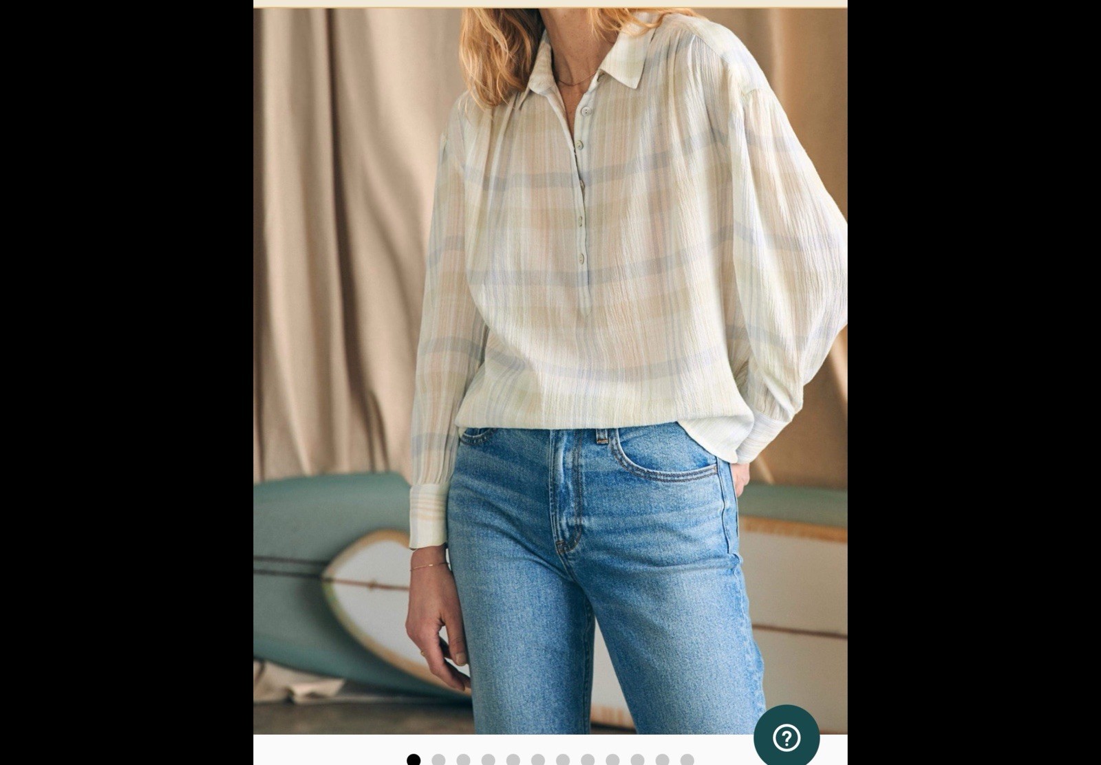 FAHERTY Linen Plaid Collared Half Way Buttons-Long Sleeve Top White/Cream