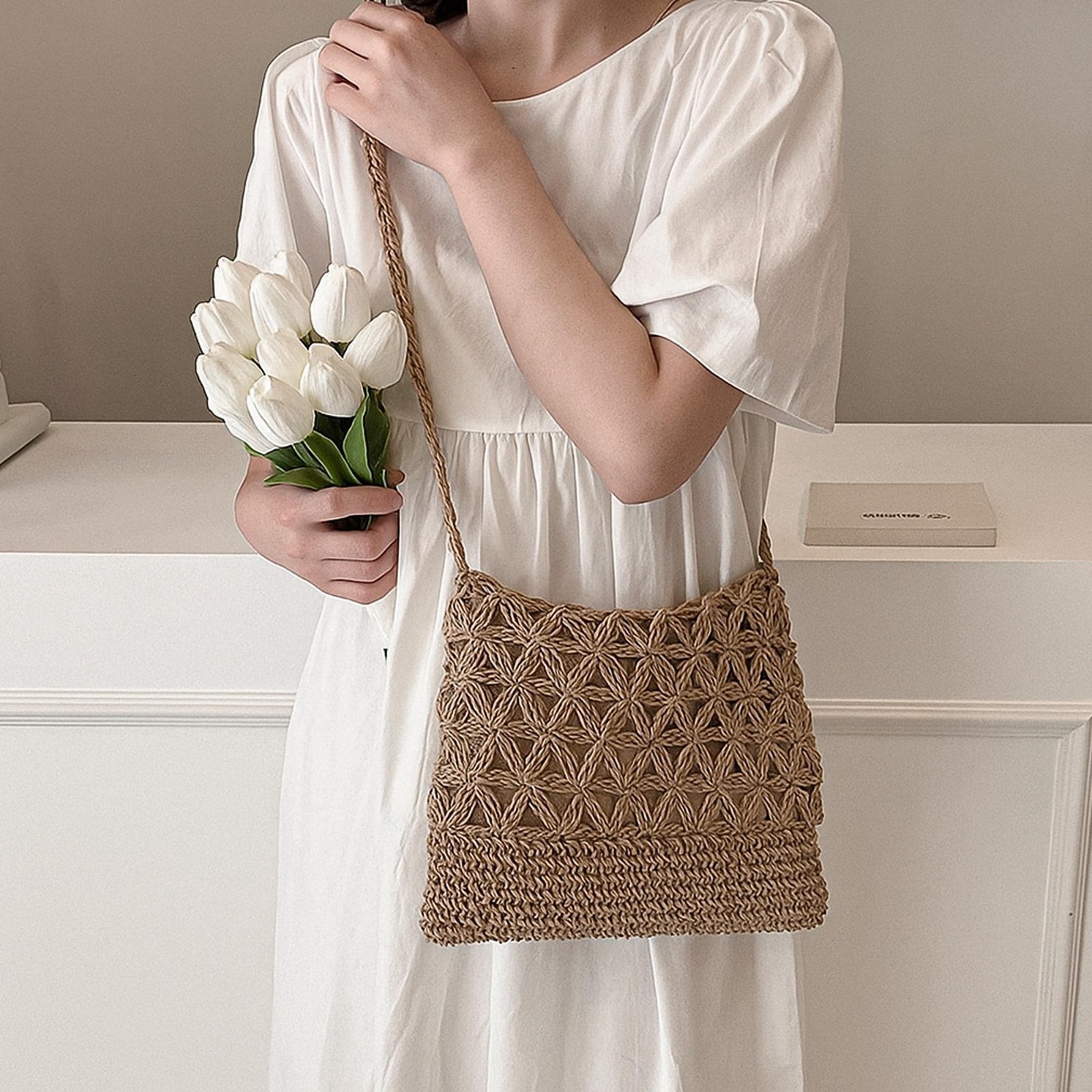 Handmade Straw Crossbody Bag Boho Floral Crochet Shoulder Bag Free Shipping US