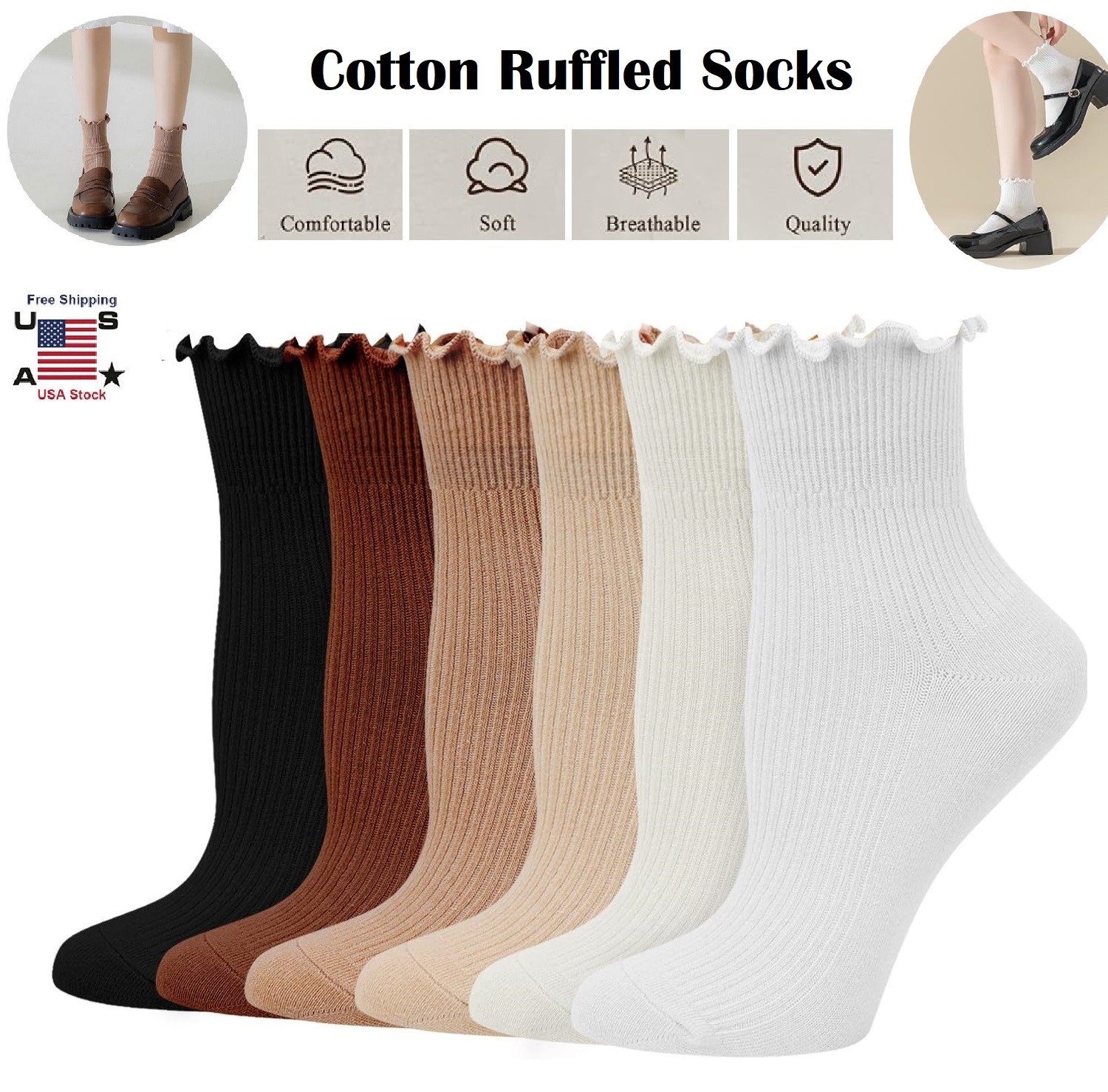 6× Cotton Ruffled Socks Ankle Socks Knitted Soft Ruffled Casual Women’s Sock USA