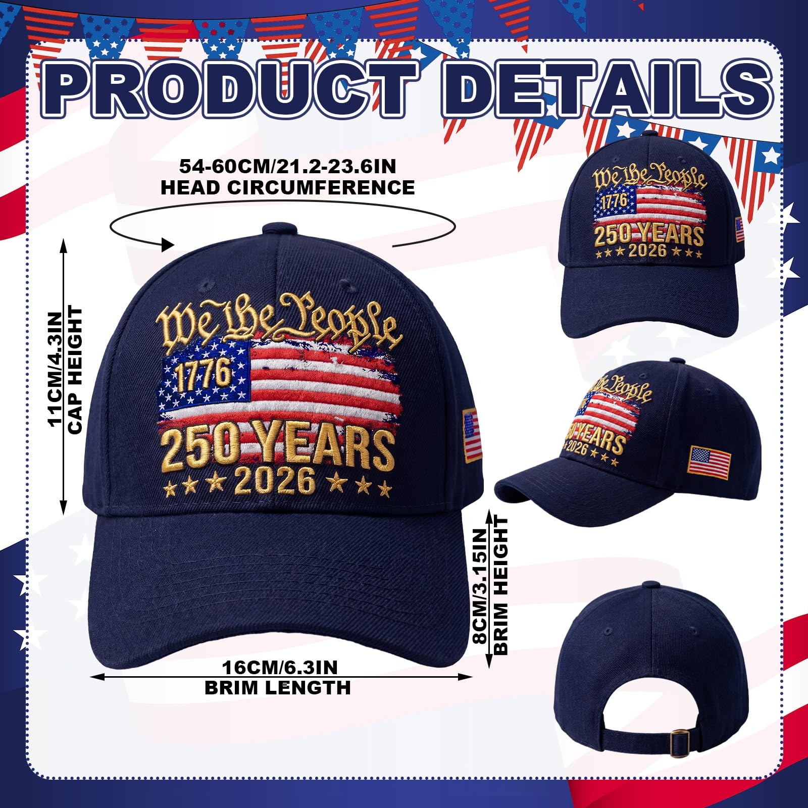 250th Anniversary USA Hat Patriotic Embroidered Baseball Cap Adjustable Anniv…