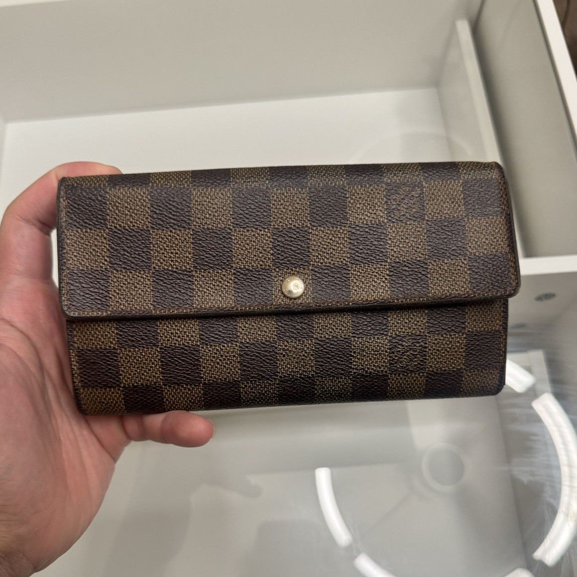 Louis Vuitton Damier Ebene Brown Small Crossbody Chain Strap Snap Inner Pockets
