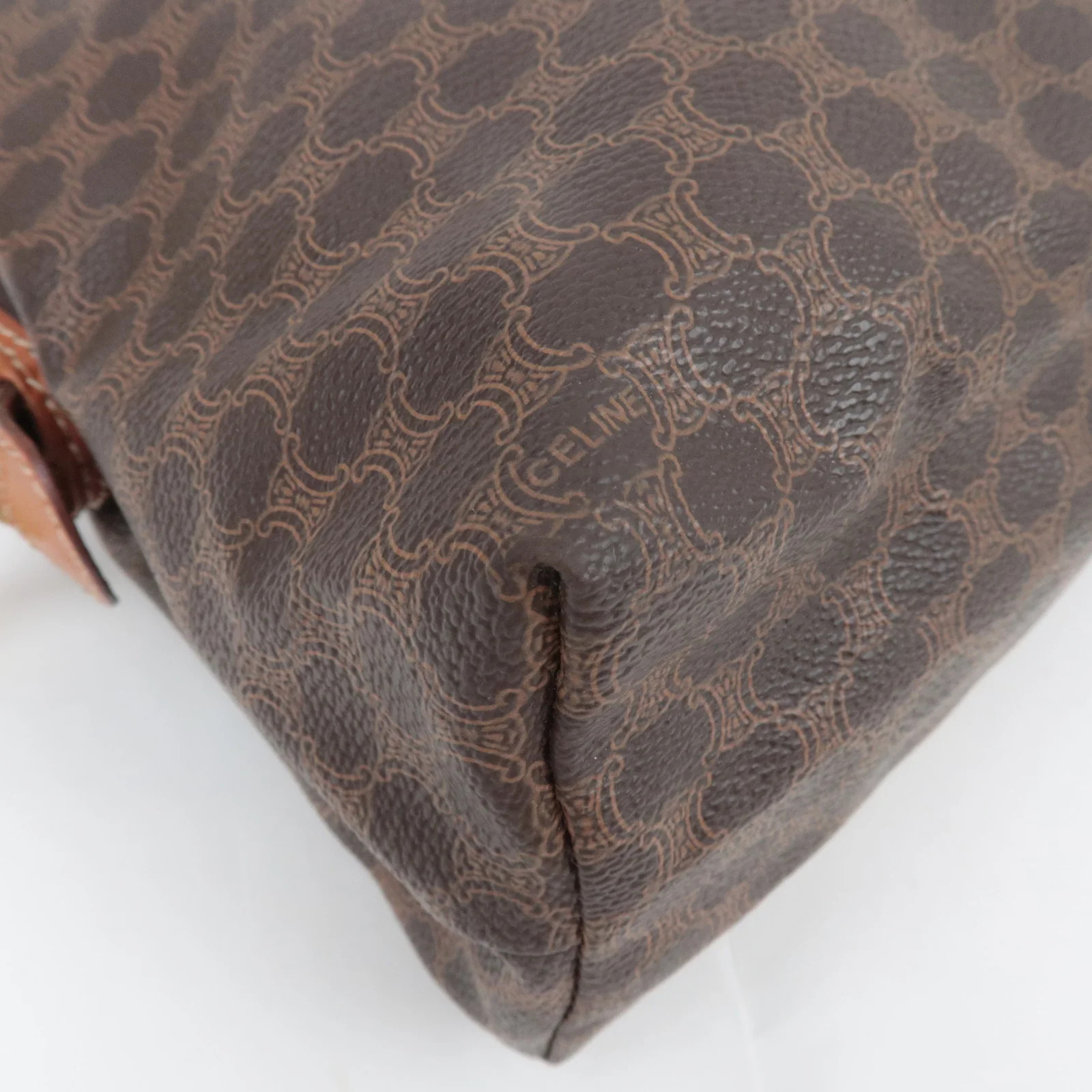 CELINE Macadam PVC Leather Cosmetic Pouch Brown Gold HDW Authentic