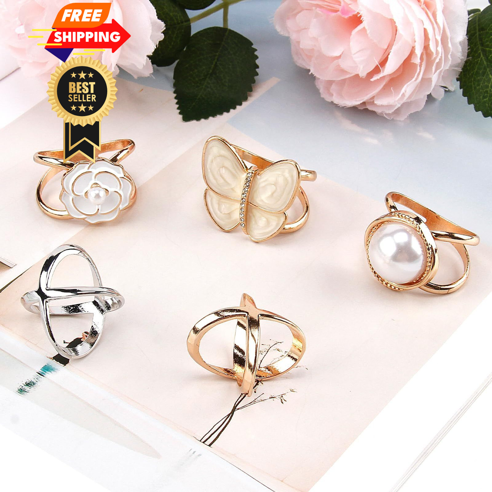 Bmpzery 5 Pcs Gold Scarf Ring,Five Style Rings and Slides Small, Gold-5