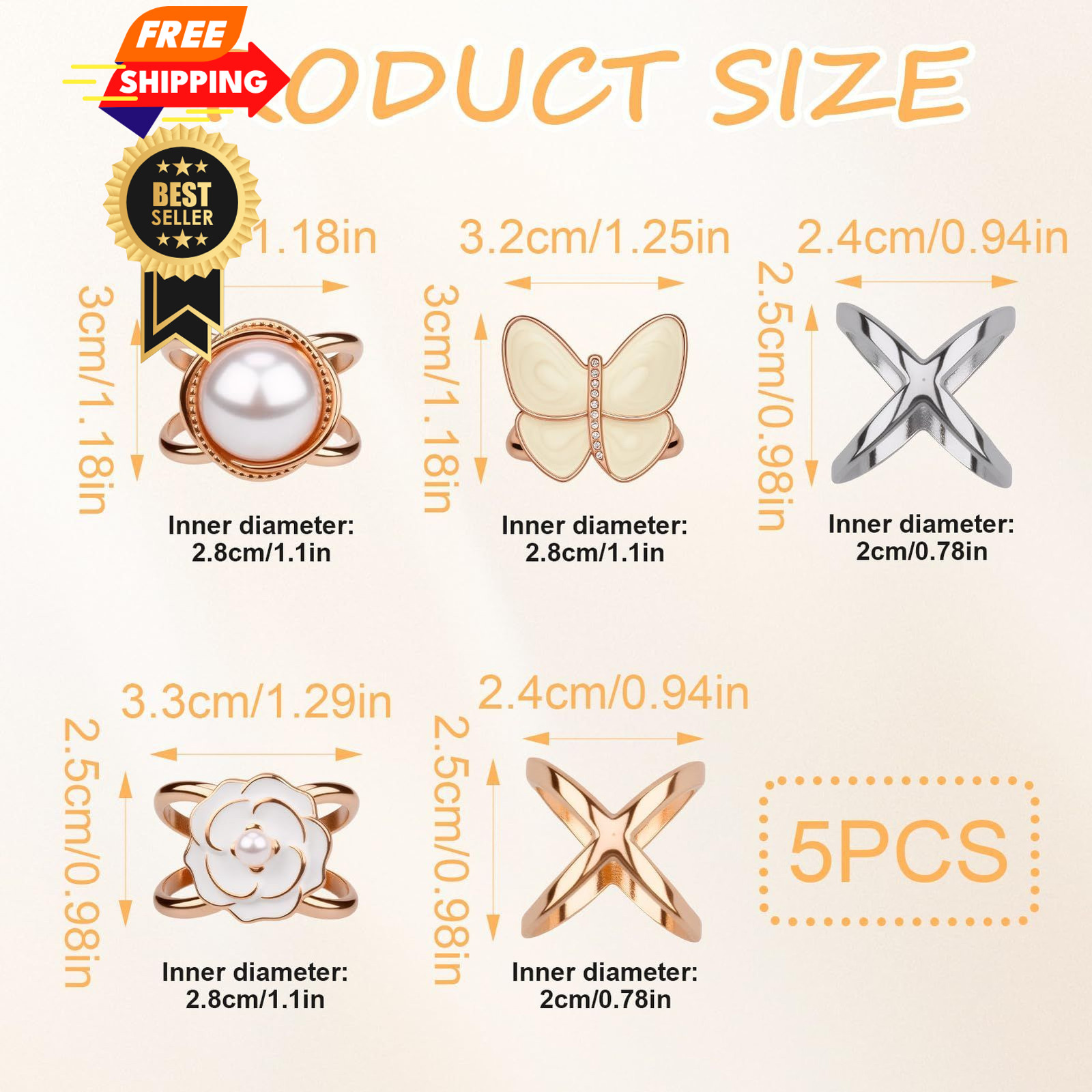 Bmpzery 5 Pcs Gold Scarf Ring,Five Style Rings and Slides Small, Gold-5