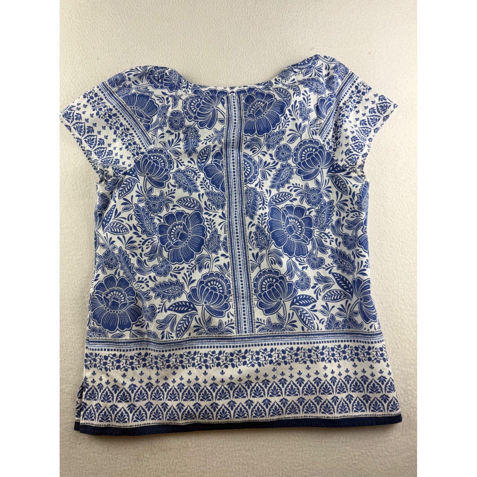 Talbots Petite Medium Blue White Floral Cotton Tassel Cap Sleeve Boho Top MP