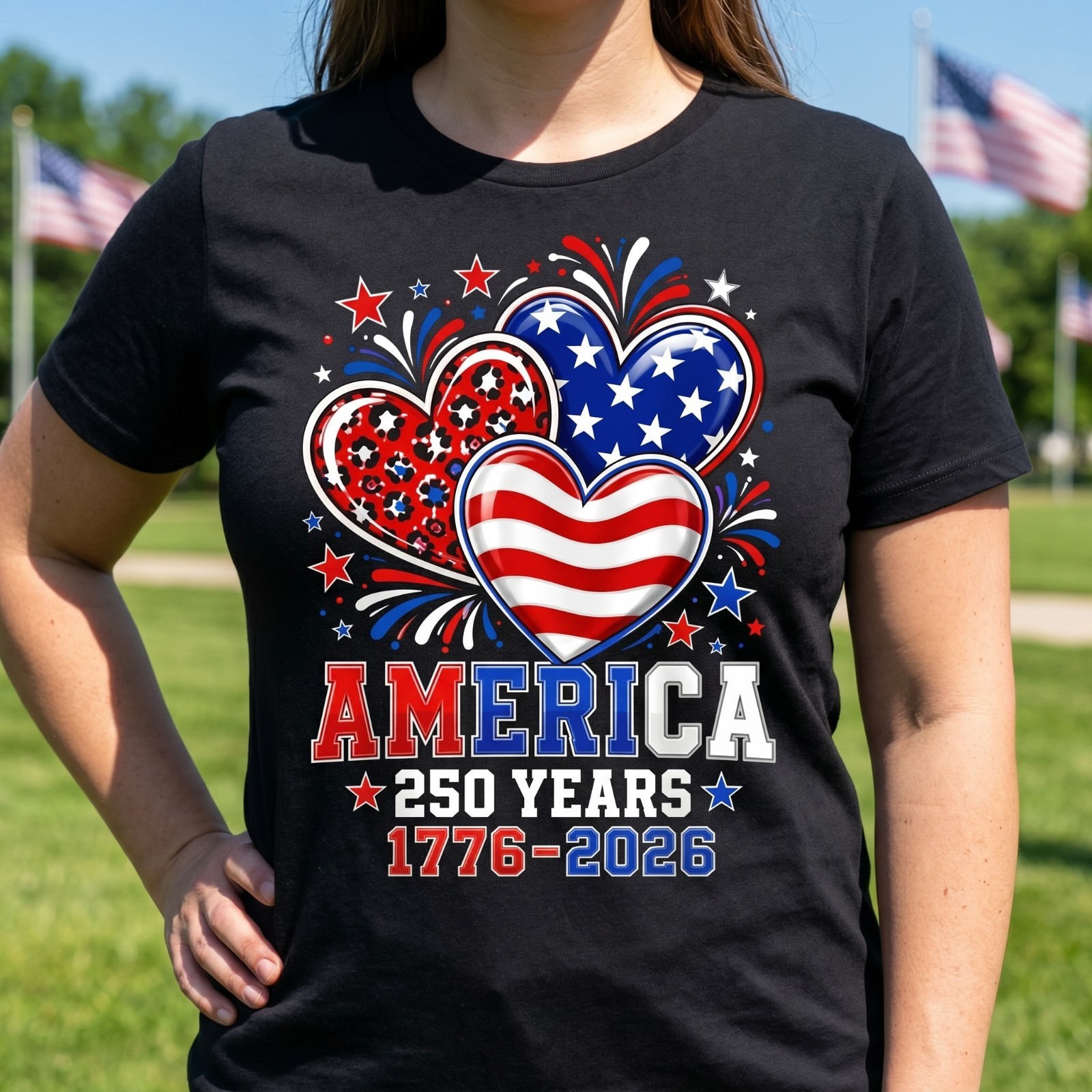 America 250 Years T Shirt 1776-2026 Patriotic Hearts Independence Day Tee