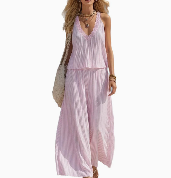 Womens Lace V-Neck Pleated Striped Two Piece Set Loose Wide Leg Pants Suit