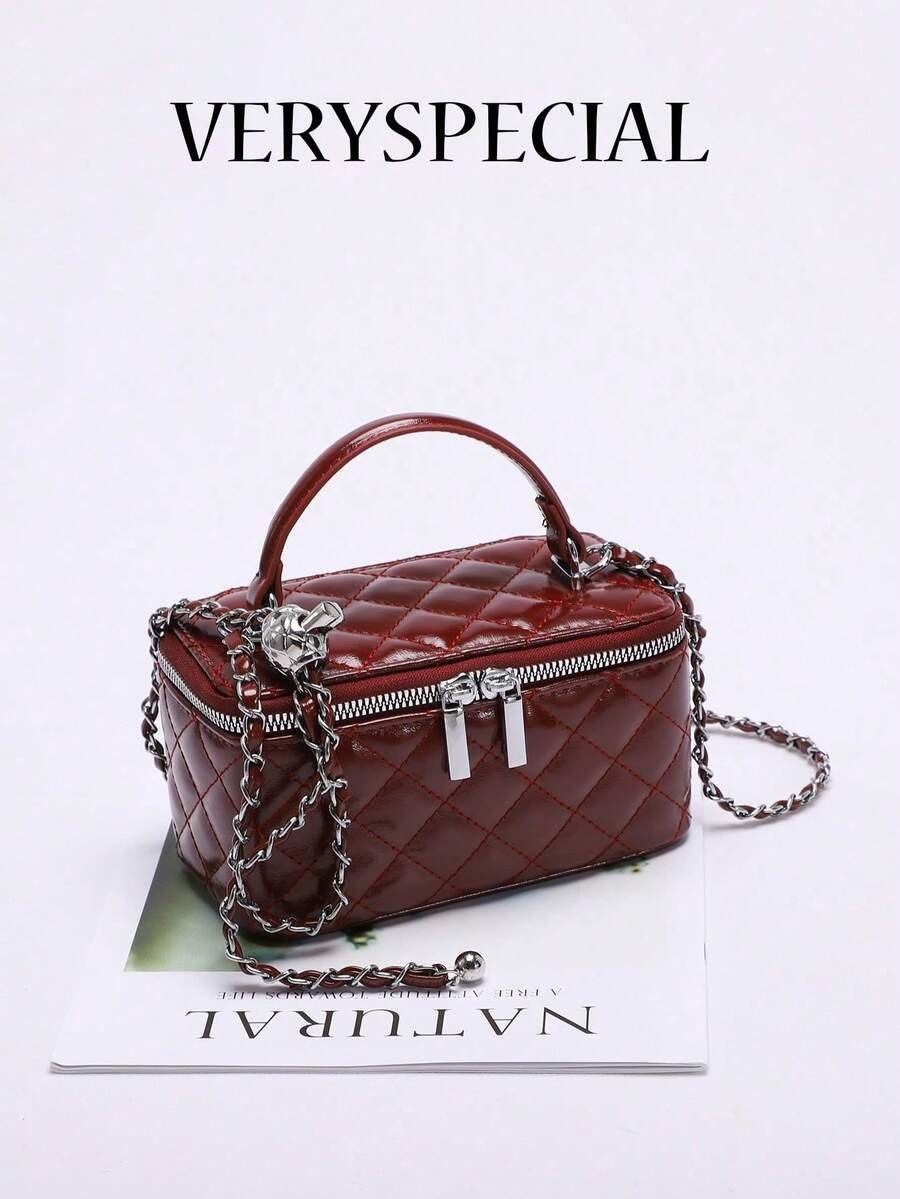 Fashionable Quilted Box Bag Plain Mini Crossbody Chain Strap Zipper Purse