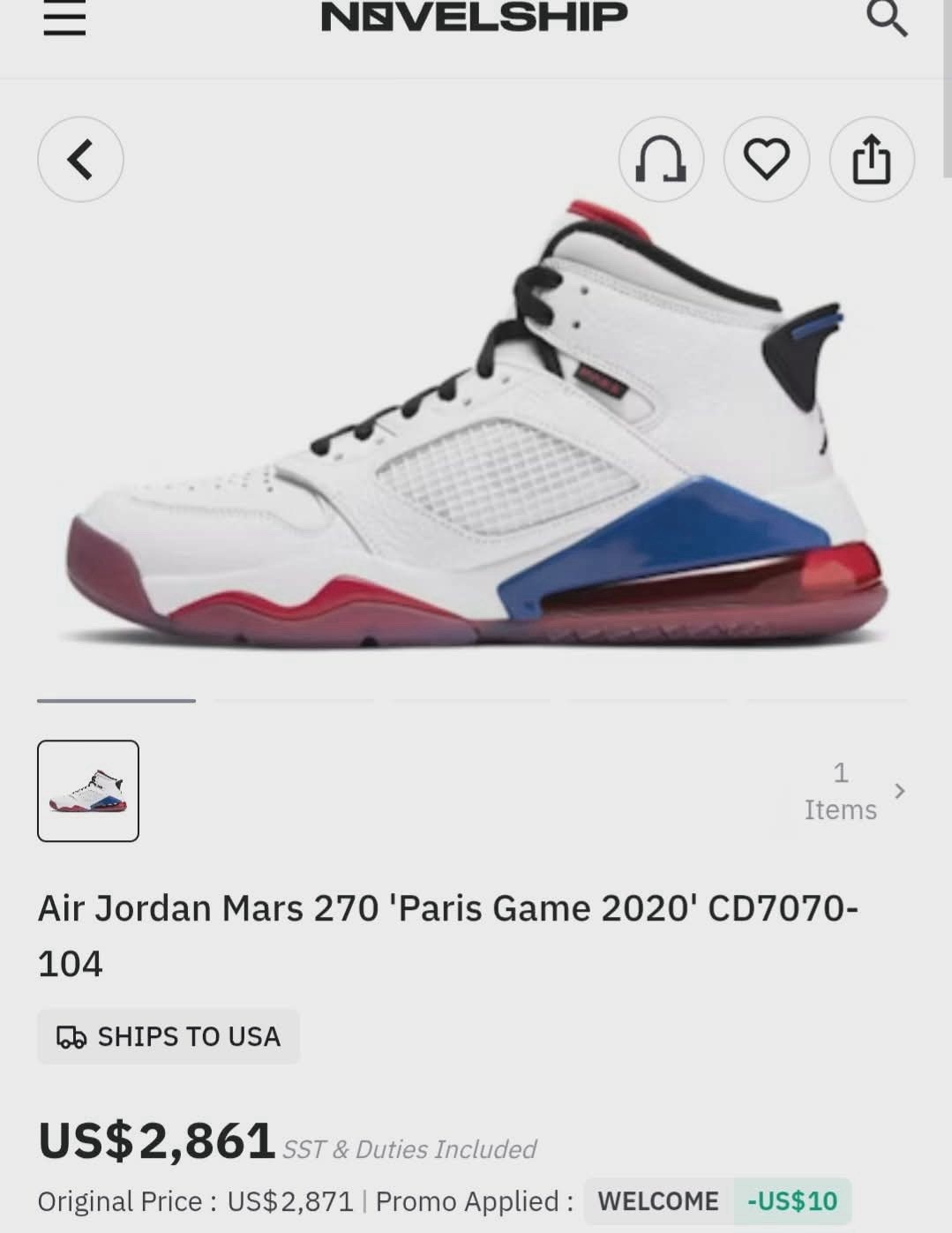 Jordan Mars 270 Paris Game 2020 CD7070-104 White/Black/University Red