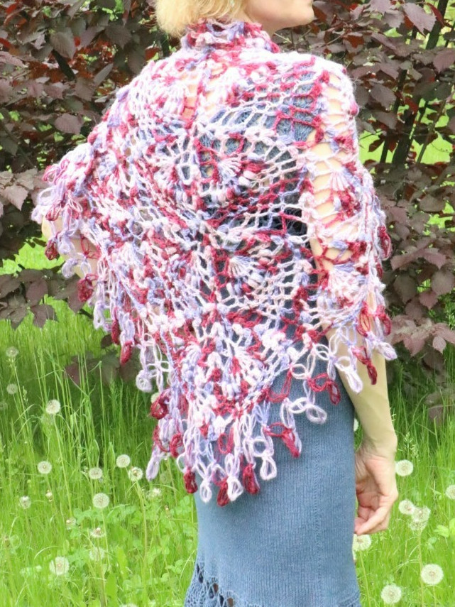 Angora Crochet Triangle Shawl – Handmade Lace Wrap Scarf Boho Capelet