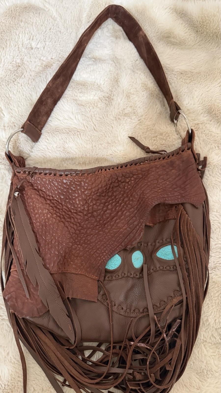 Brown Fringe Hobo Shoulder Bag Turquoise/Blue Paisley Flap Zip, Pouch