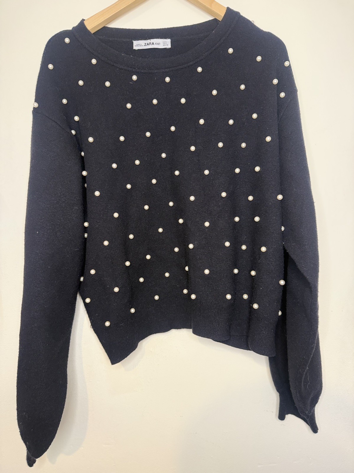 ZARA Black Pearl Embellished Knit Sweater Women’s Large L Balloon Sleeve Jumper