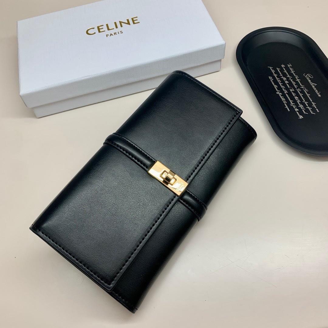 CELINE Black Solid Wallet Gold Logo Clasp Zipper Poker Credit Card Holder