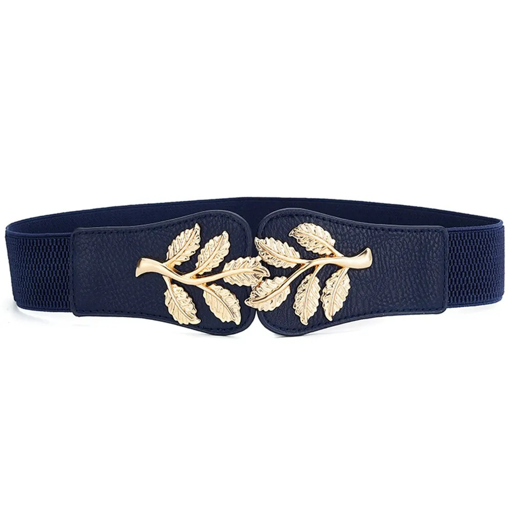 Gold Leaf Elastic Waist Belt for Women Wide Fashion Buckle Dress Skirt Us