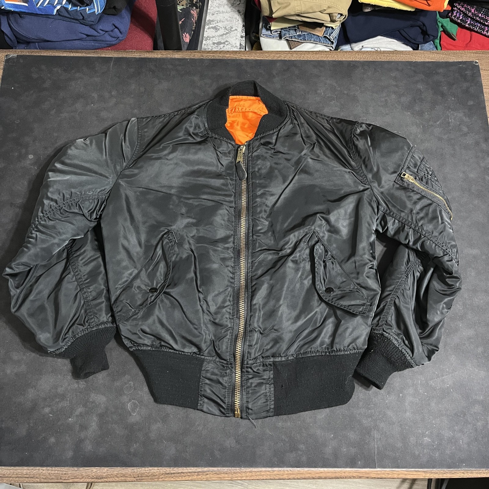 Vintage MA-1 Flight Jacket Alpha Industries USA Made USAF Black Orange Vietnam