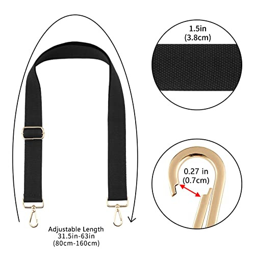 Wide Purse Straps Replacement Adjustable Crossbody Gold Hardware 3.8CM Black