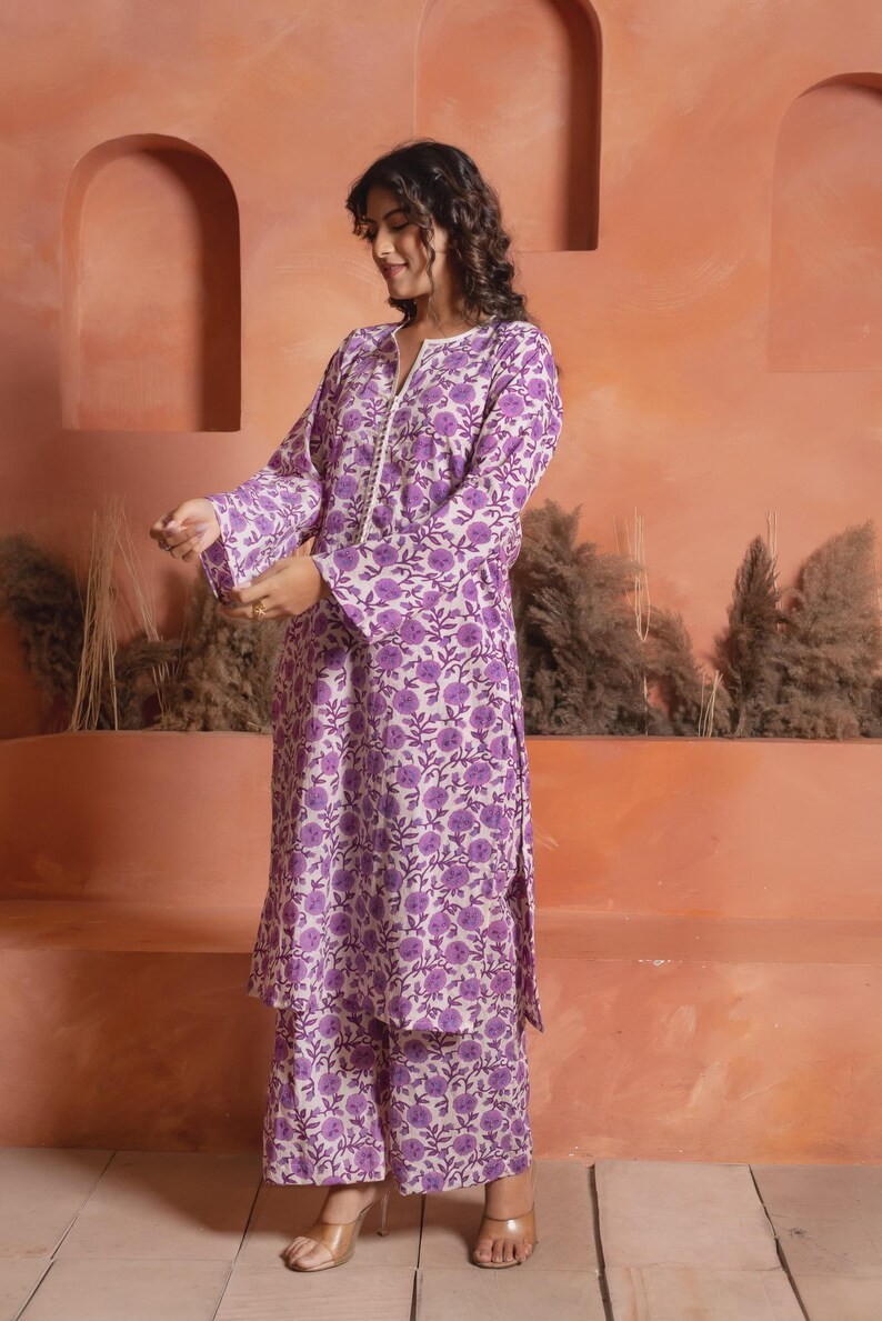 Purple Floral Cotton Co-ord Set, Hand Block Printed Kurta & Pants, Long Sleeve
