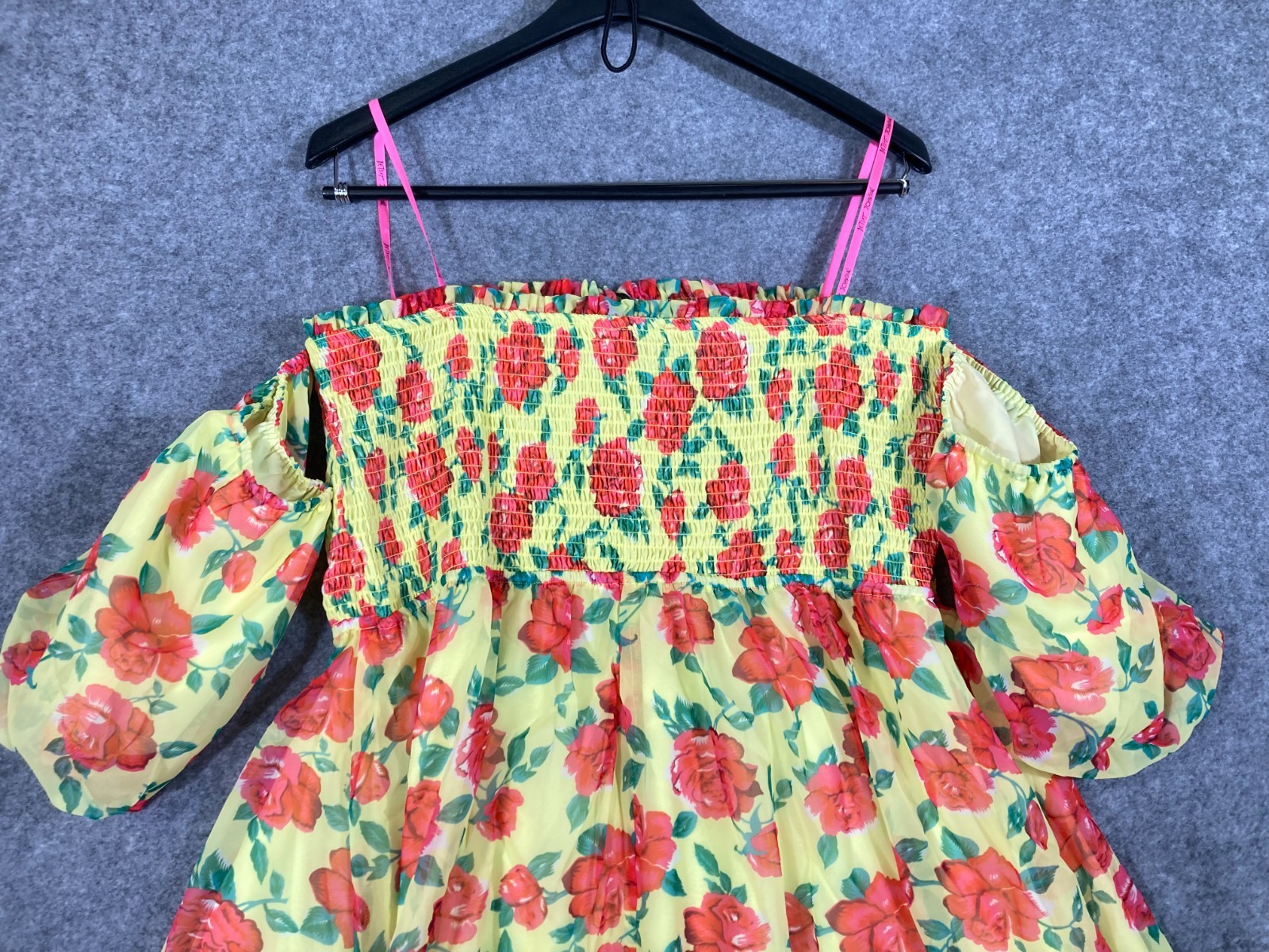 Betsey Johnson Baby Doll Dress Womens XL Yellow Floral Smocked Puff Sleeve NWT