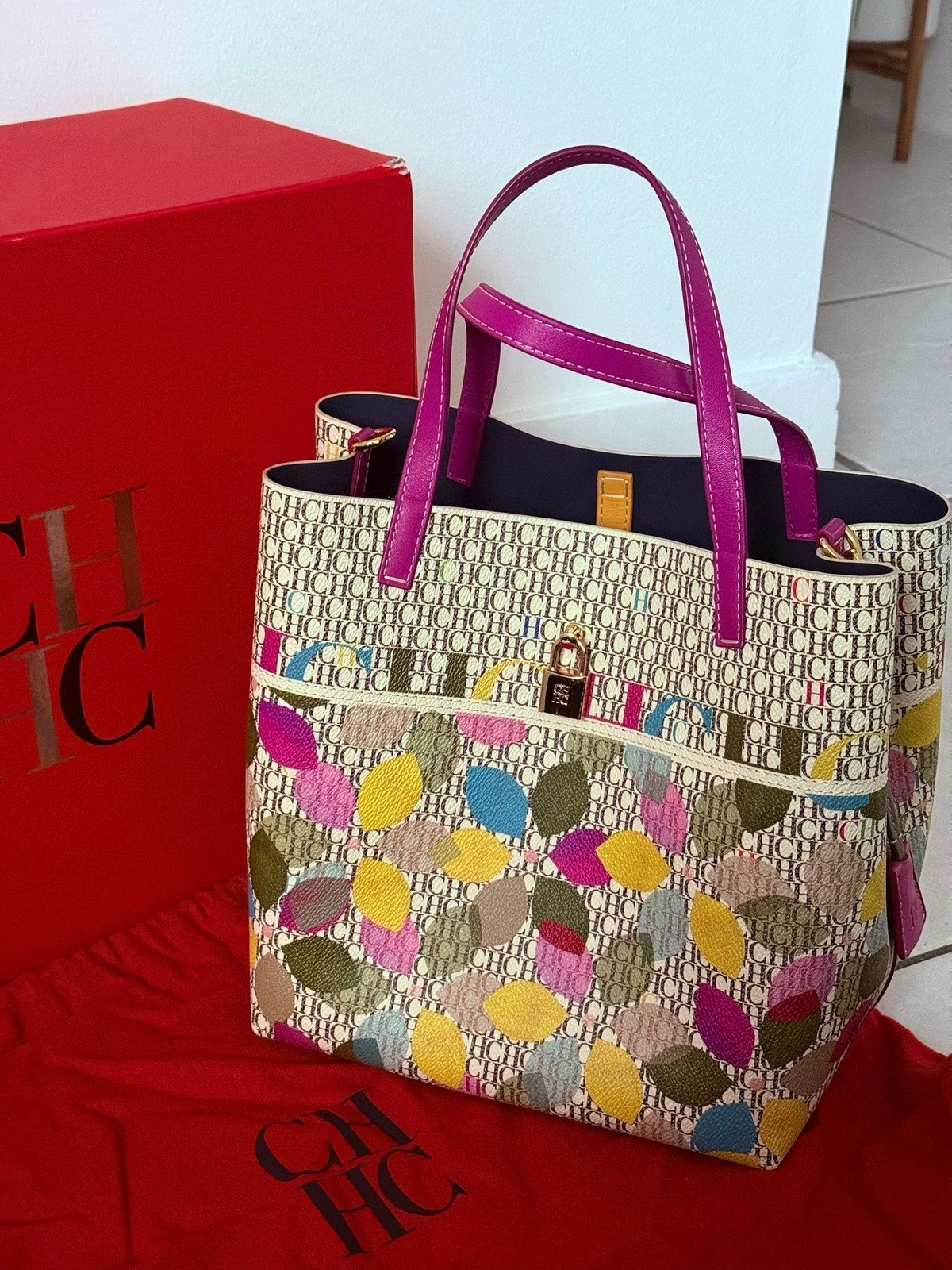 Carolina Herrera CH Monogram Multicolor Tote Purple Double Handles Padlock Key