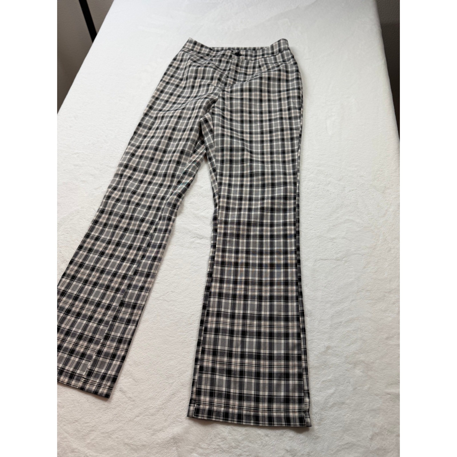 SHEIN Plaid Trousers Womens XS Black White Good High Waisted Flare Checkered