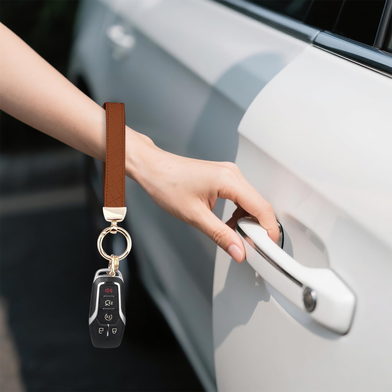 Leather Wristlet Keychain, Wrist Car Key Chain, with 2 Key Rings ï¼† Anti Brown