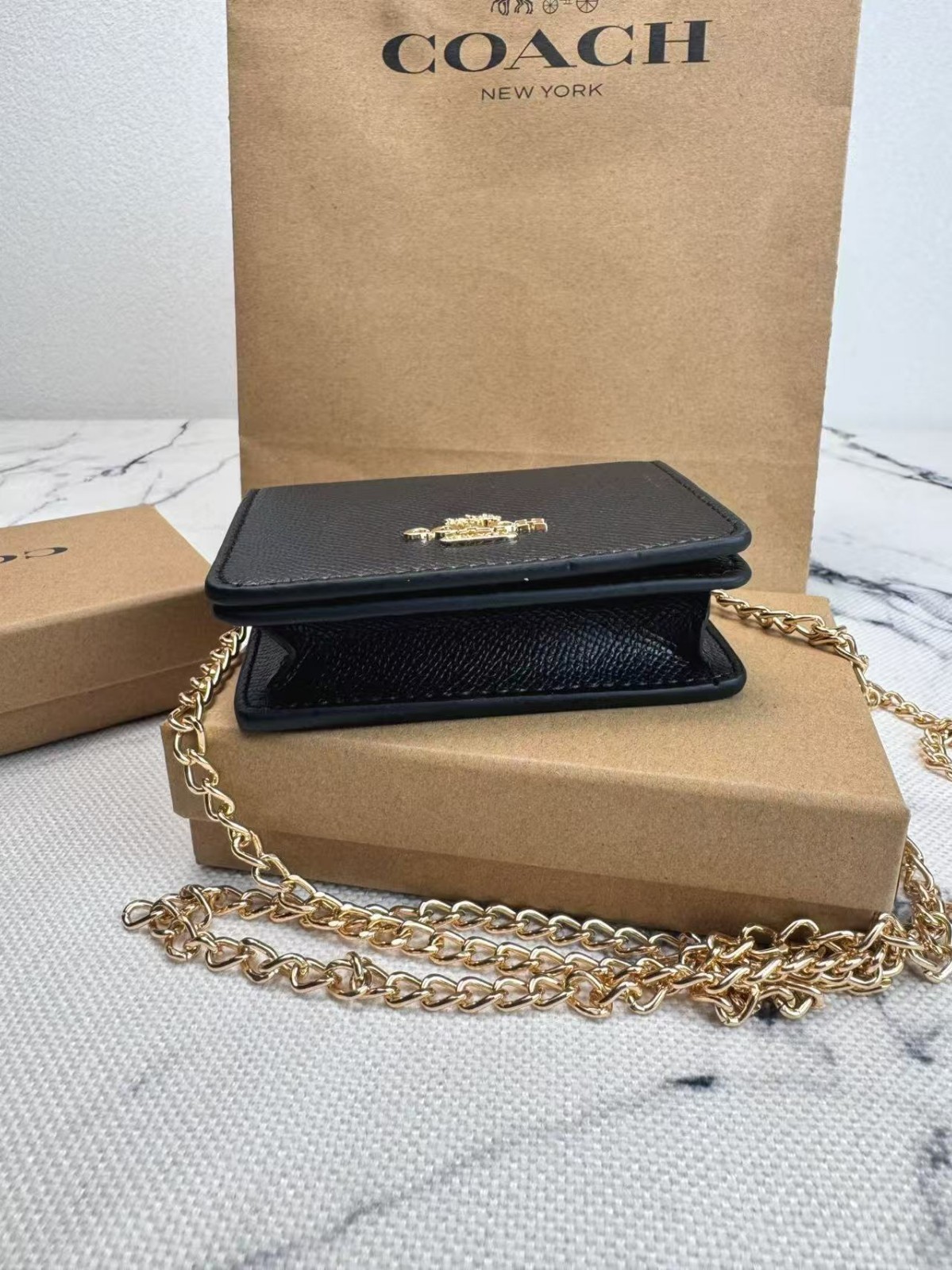 NWT NEW Coach Mini Leather Wallet On a Chain Black C0059 with the box