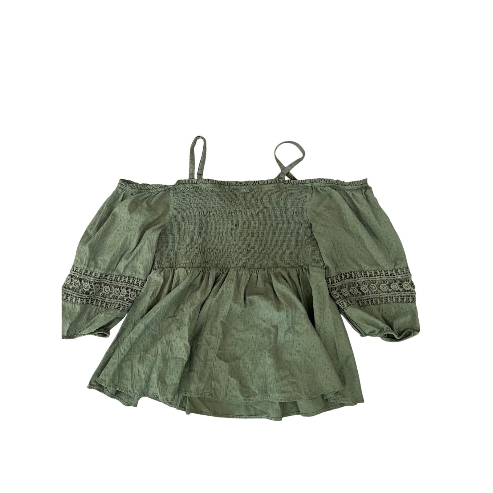 Torrid Cottagecore Boho Smocked Crochet Lace Off Shoulder Top Olive Green 1X