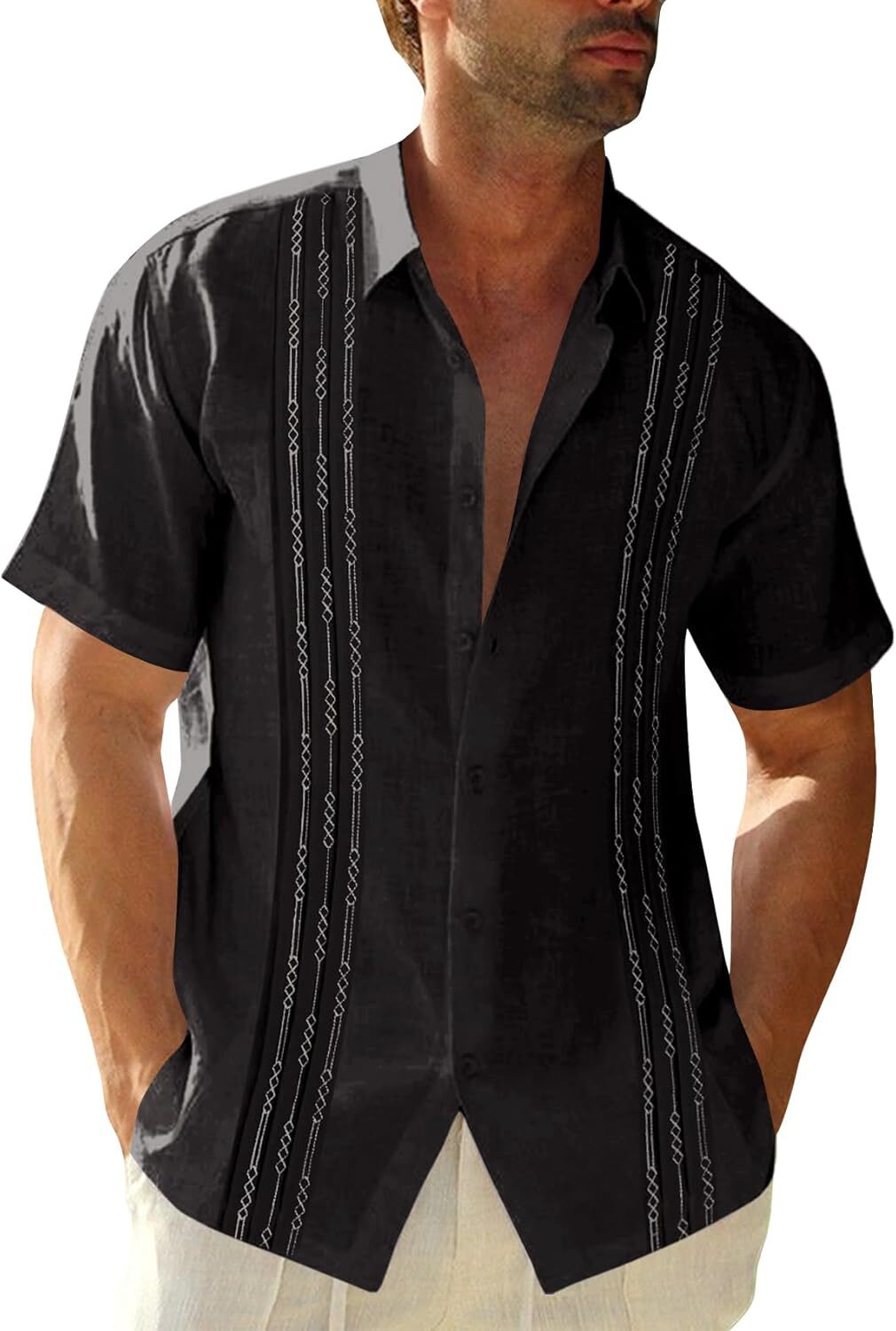 Mens Guayabera Shirt Linen Cotton Embroidered Short Sleeve Cuban Wedding Beach