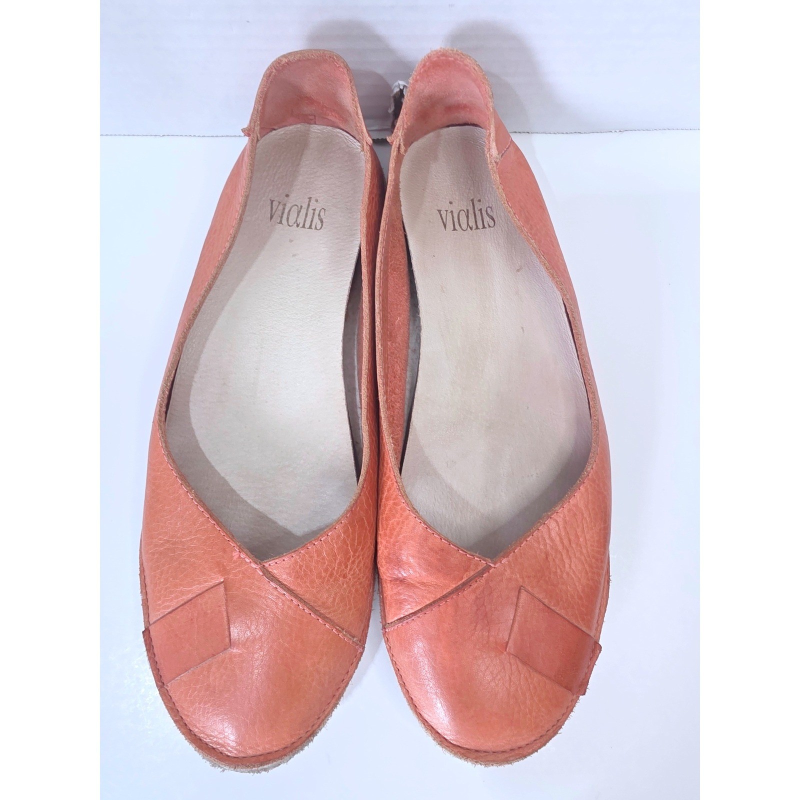 Vialis Coral Orange Leather Ballet Flats Handmade Artisan Spanish Shoes SZ 37
