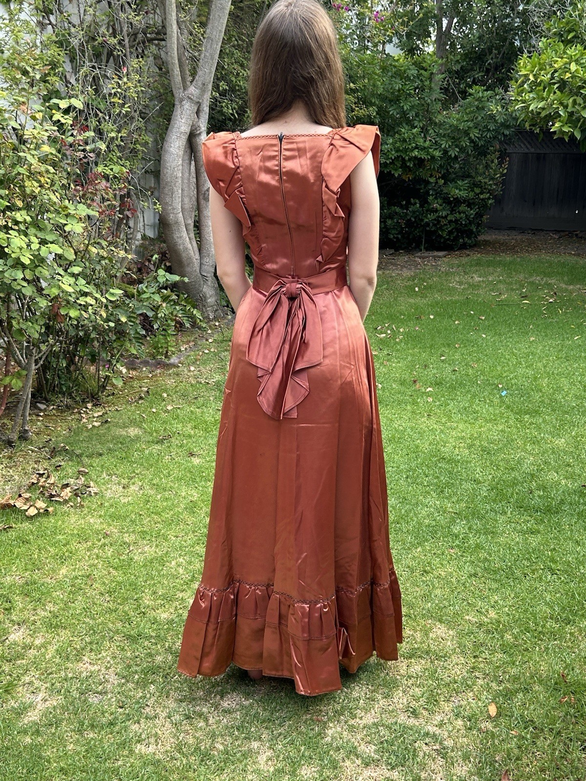 Vintage 40s 50s handmade S Heavy Satin long maxi dress Big Bow