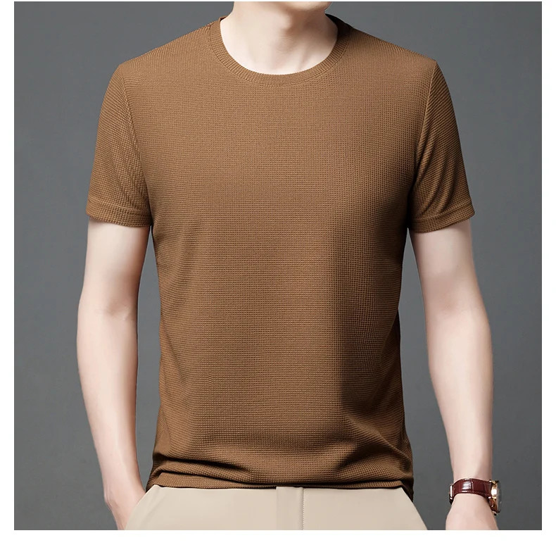 New Summer Waffle Round Neck Short Sleeved T-shirt for Men’s Short Sleeved Top