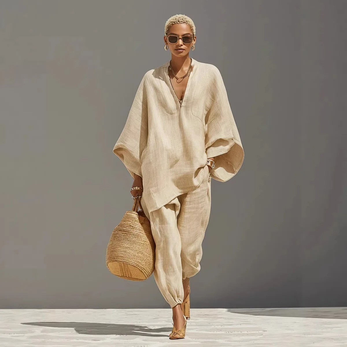 Casual V-neck Two Piece Set Women Outfits Summer Long Sleeve Wide Pant Sets New