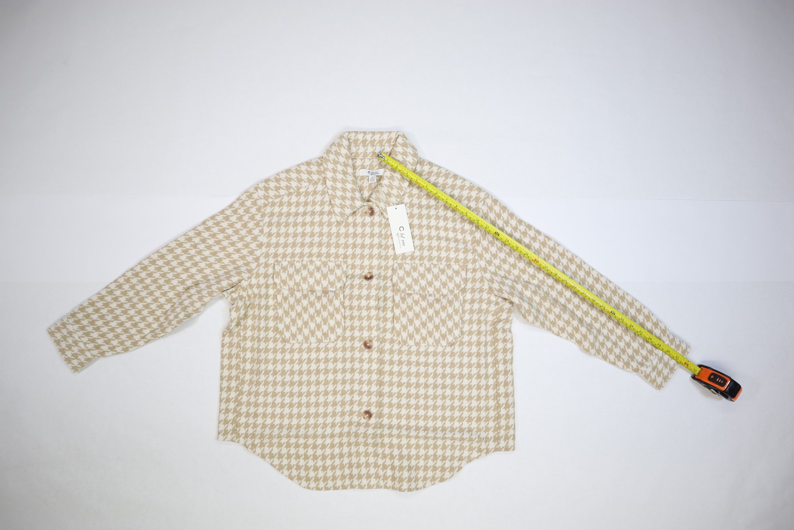 C by One Jacket Womens 1X Beige White Houndstooth Plaid Shacket Wool Blend Warm