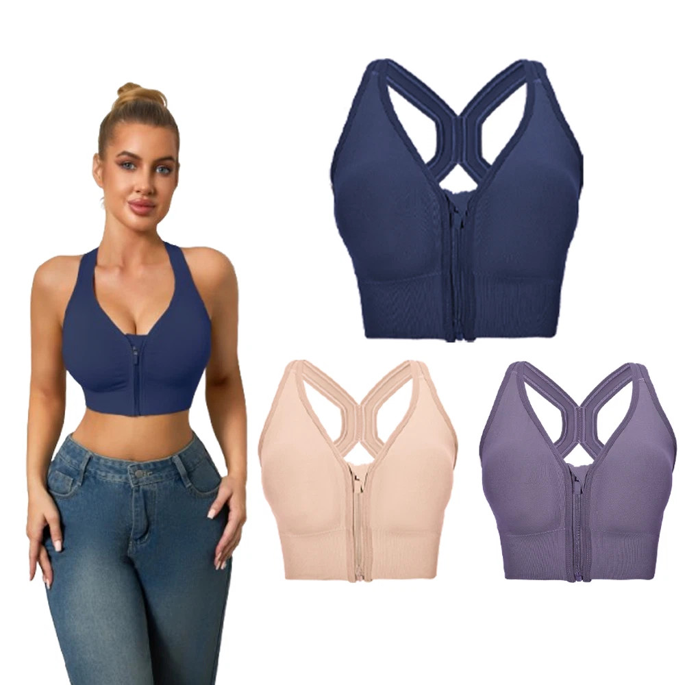 Front Zip Sports Bra for Women Padded Racerback Wireless Yoga Workout Sleep Bra