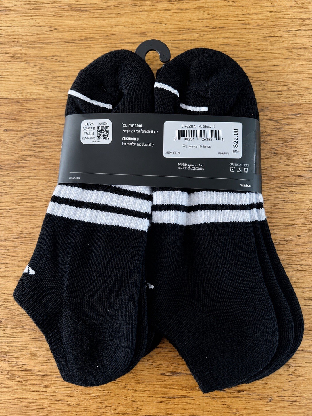 Adidas 6 Pack No Show Socks Black White Striped Large Men’s 8-12 New