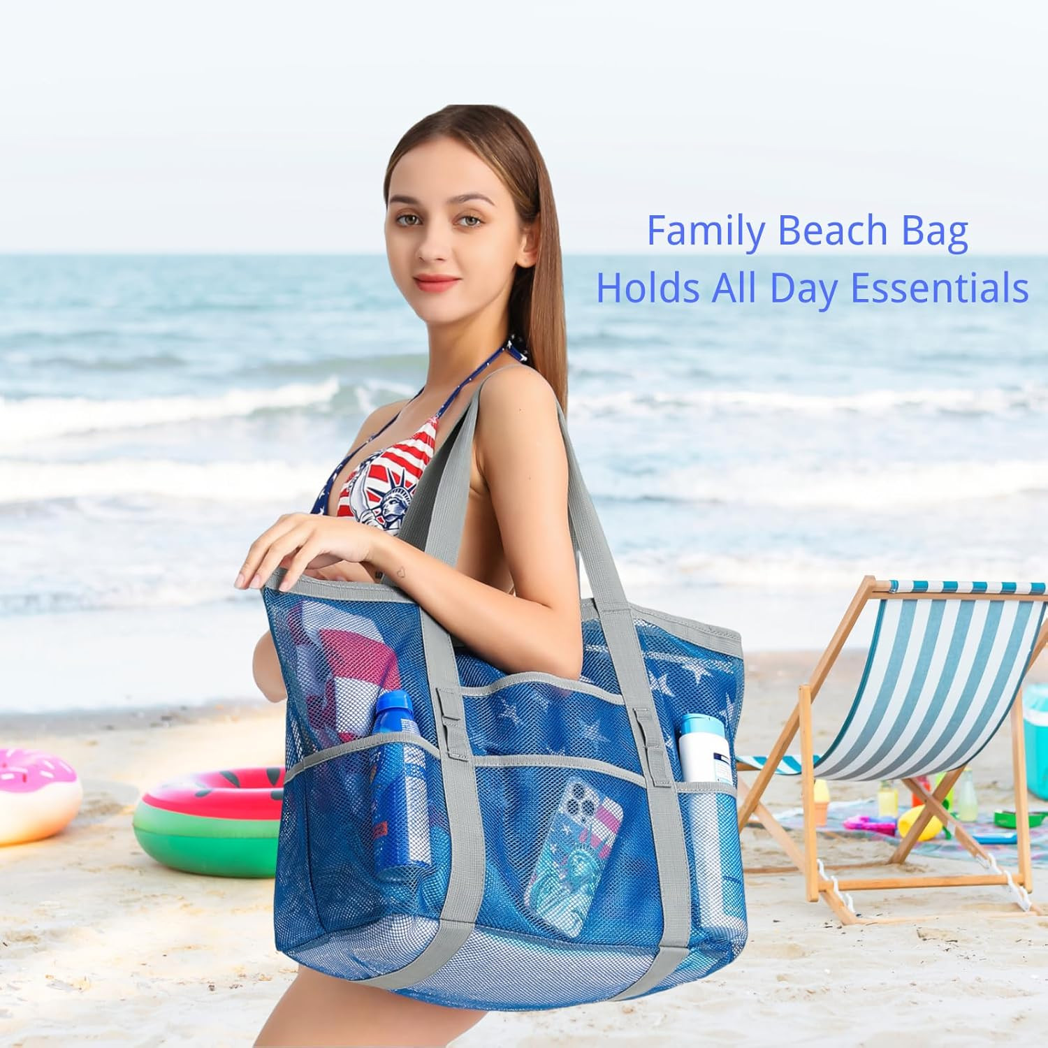 Mesh Beach Bag Family – Large Tote Bag 9 Pockets for Swim Pool Toys Cruise Beach