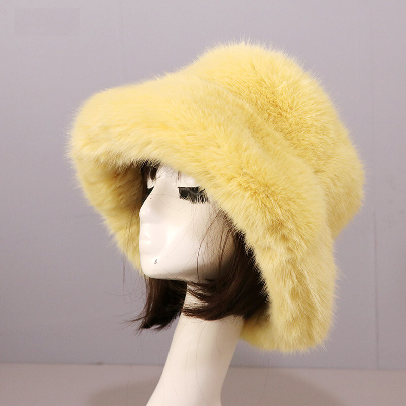 Women’s Fuzzy Bucket Hat Winter Fluffy Furry Plush Faux Fur Hats Fisherman Cap