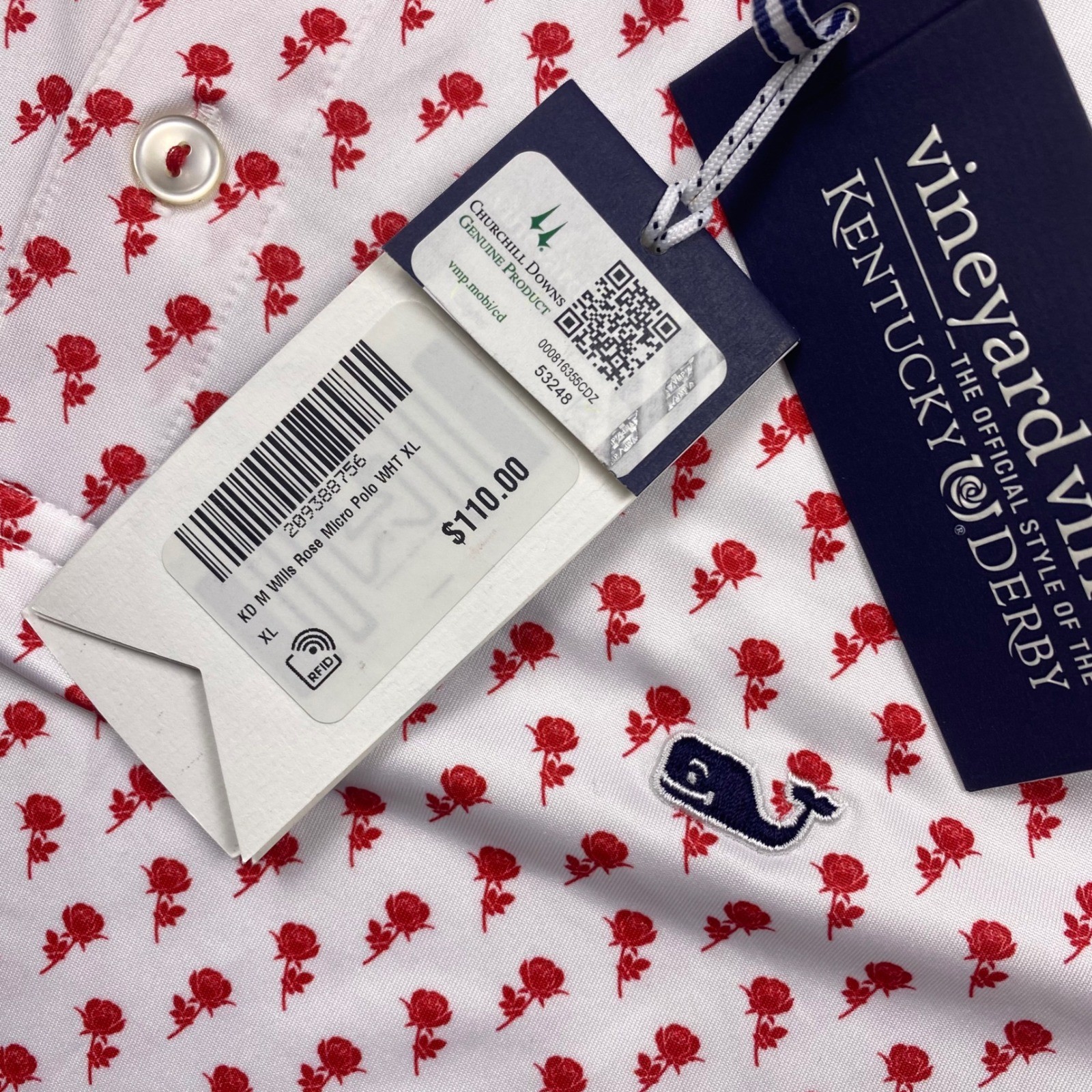 Vineyard Vines Sankaty Kentucky Derby Rose Micro Polo Mens XL White Performance