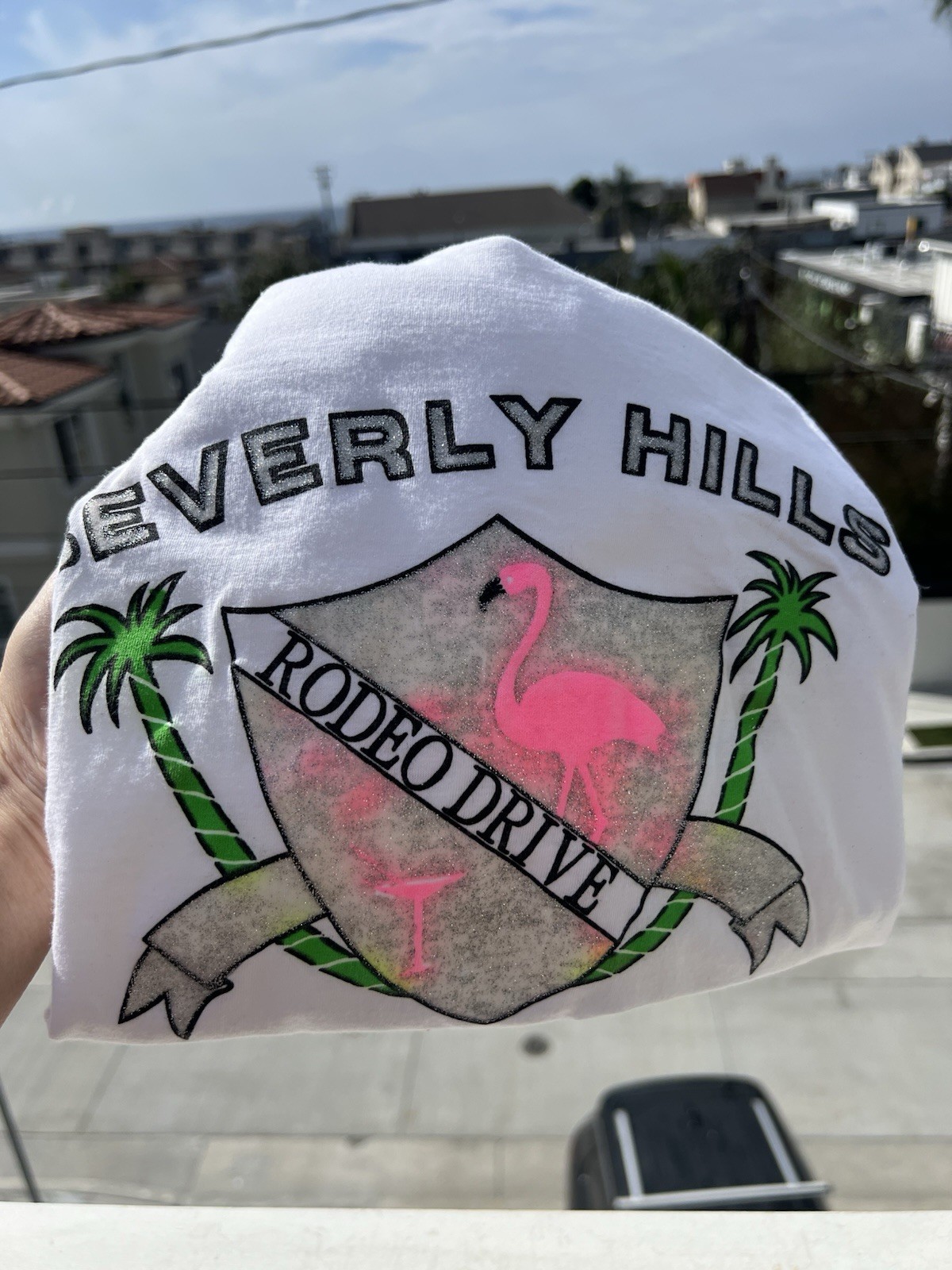 Vintage 80s BYC Beverly Hills Rodeo California white flamingo glitter tshirt L