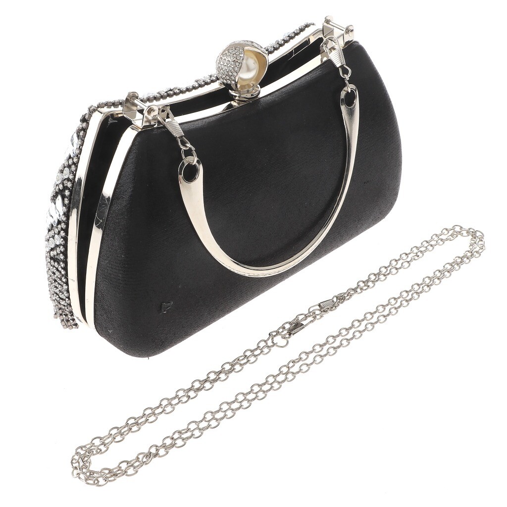 Silver Tone Fashion Satin Fabric Clutch Evening Bag With Rhinestone TLX199-BLK
