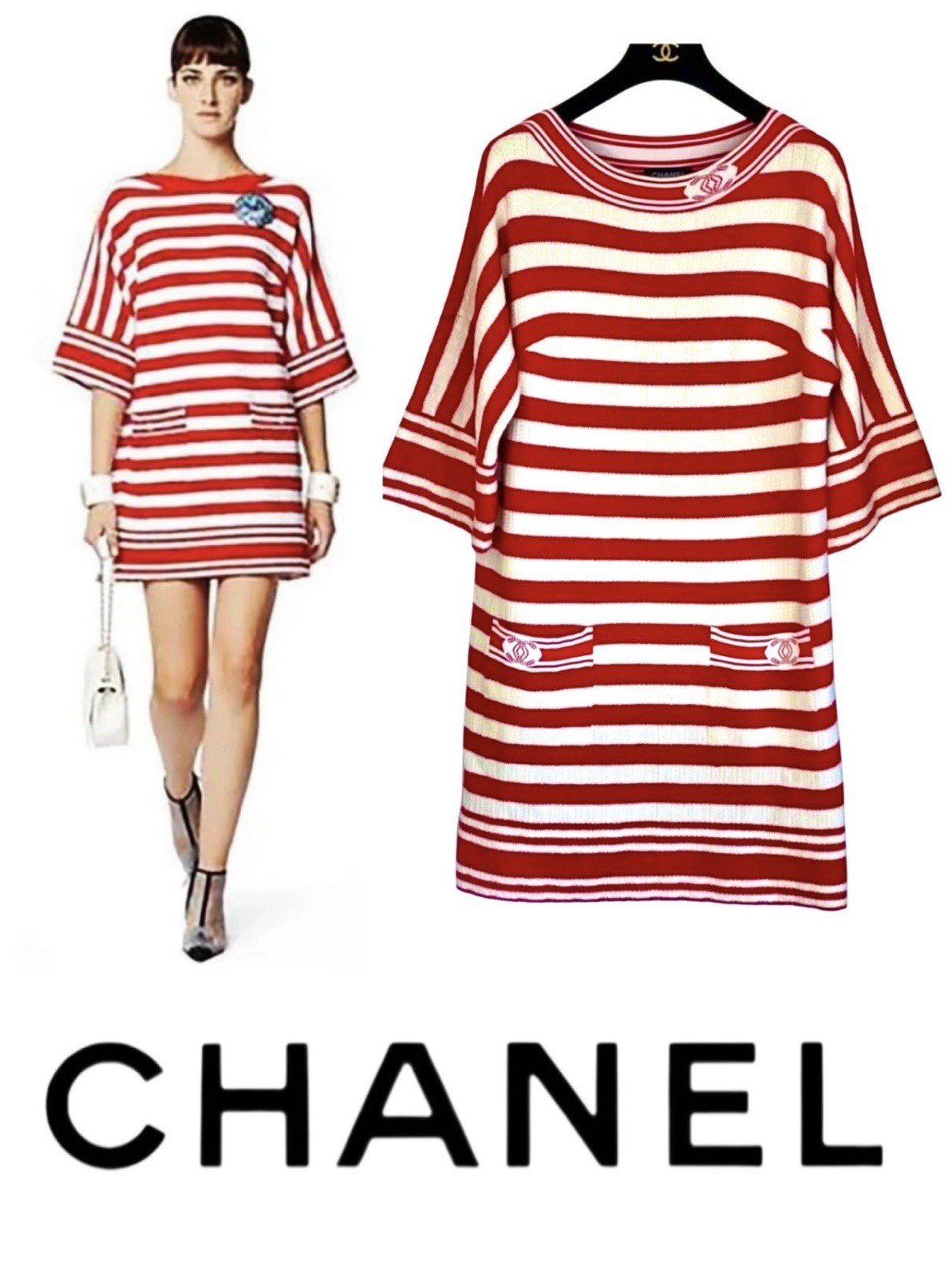 4.8K New Chanel 2019 White Red Stripe Dress 40 42 44 8 10 12 Logo Jacket S M L