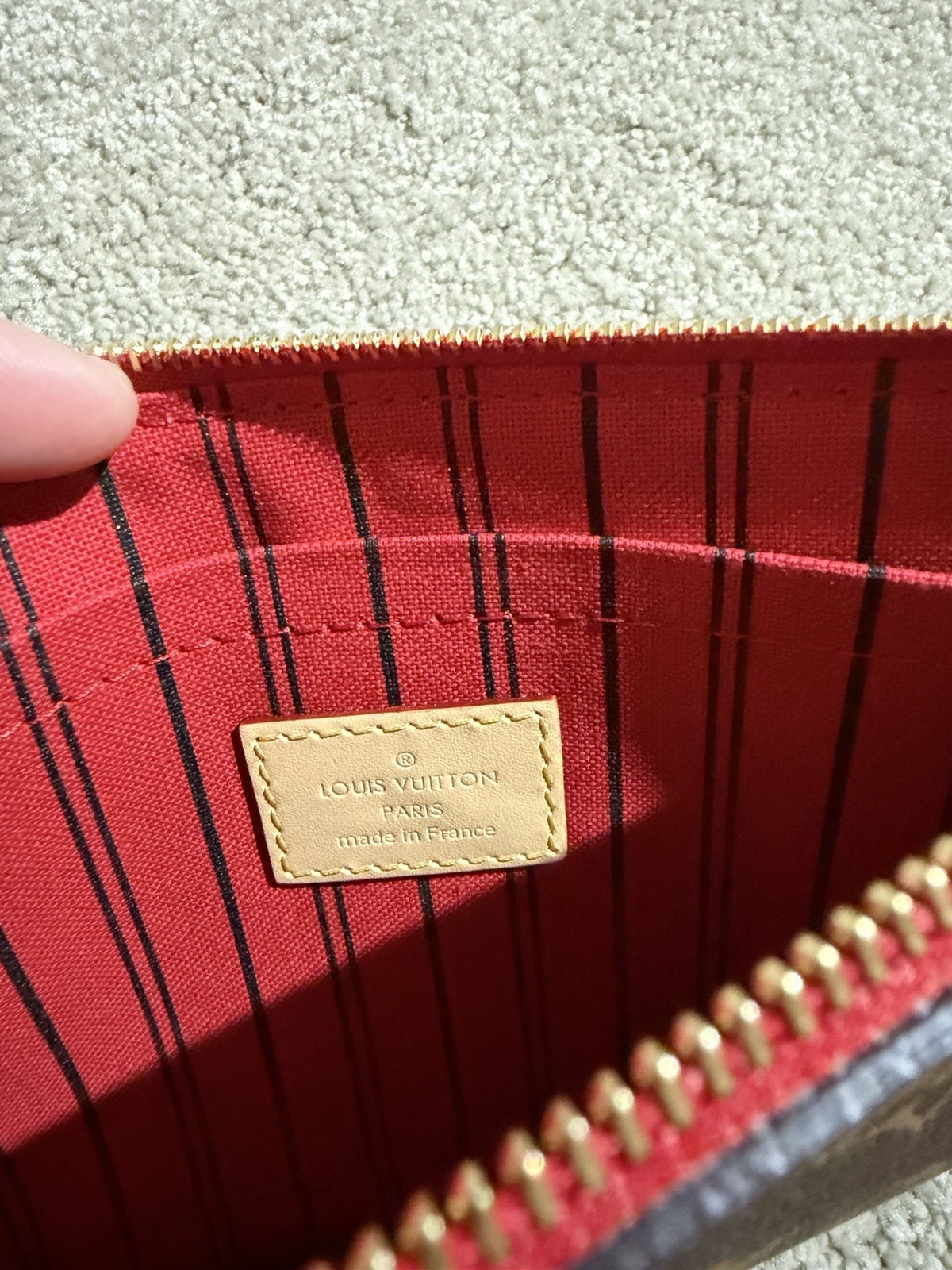 Louis Vuitton Monogram Wristlet Zip Pouch Brown/Red Lined Gold Hardware