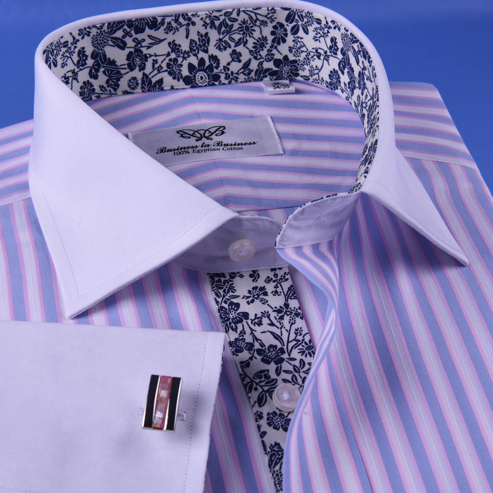 Pastel Multi-Colored Striped Dress Shirt White Poplin Contrast Cuff Business Top