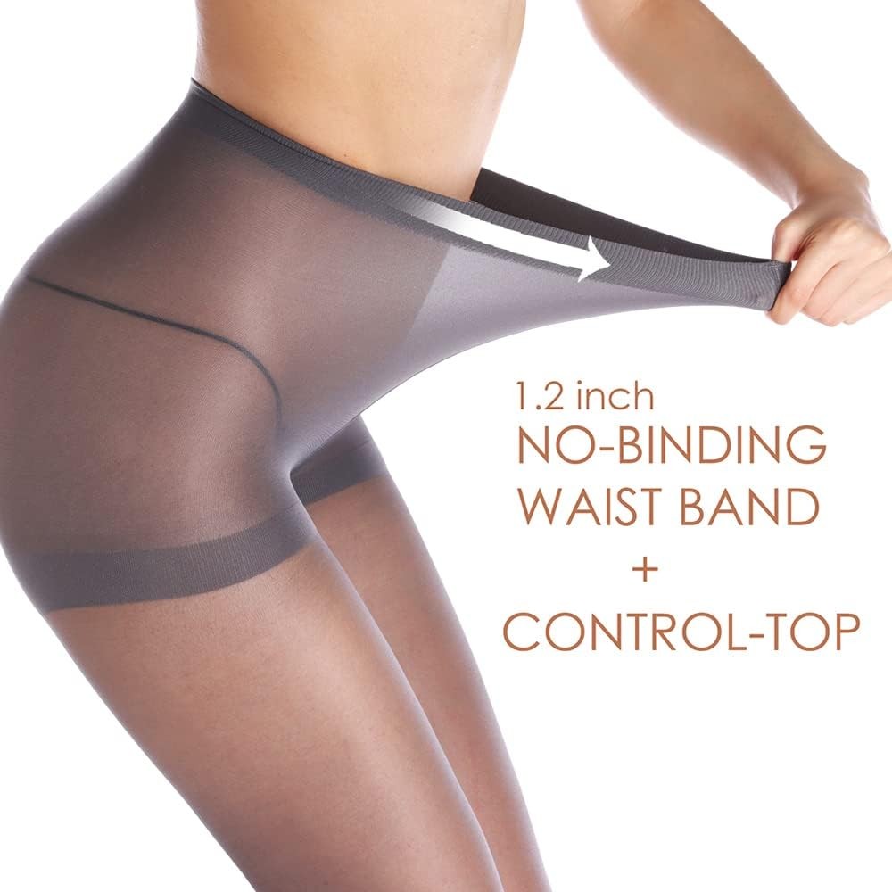 3 Pairs Women’s Sheer Tights – 20D Control Top Pantyhose with Reinforced Toes