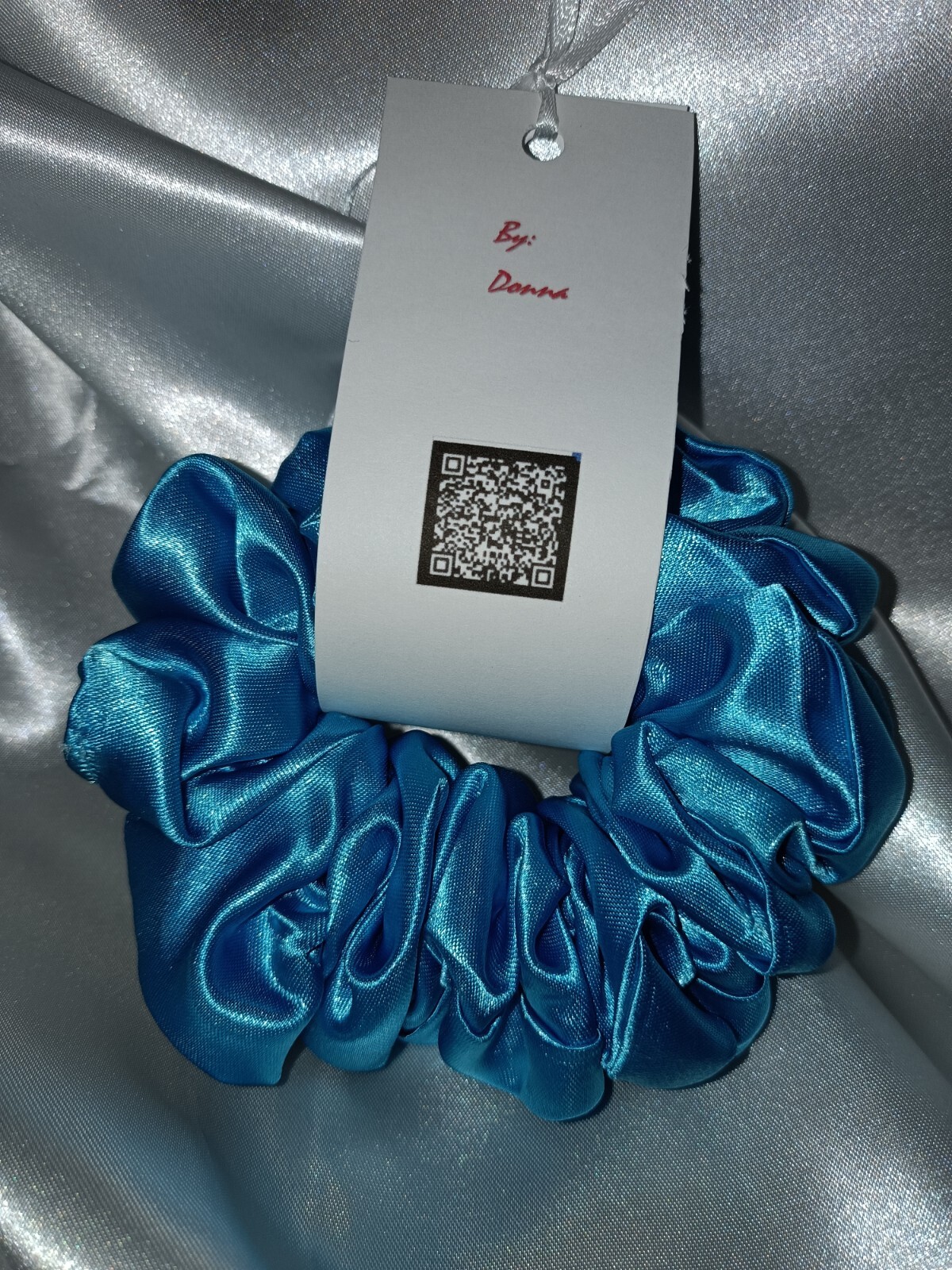 Handmade Women’s Scrunchies size M Caribbean Blue Satin Fabric New