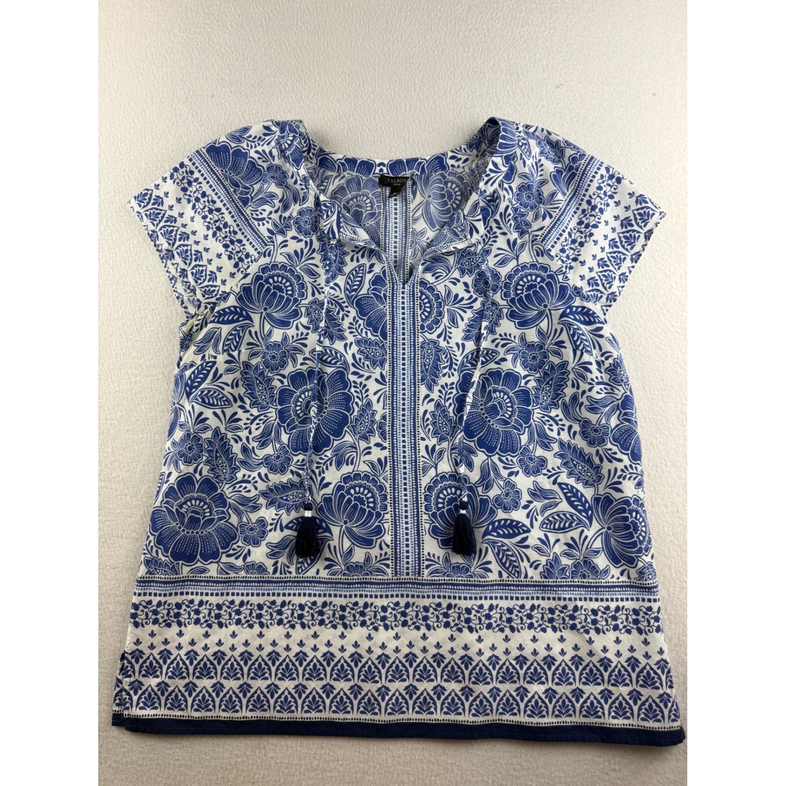 Talbots Petite Medium Blue White Floral Cotton Tassel Cap Sleeve Boho Top MP