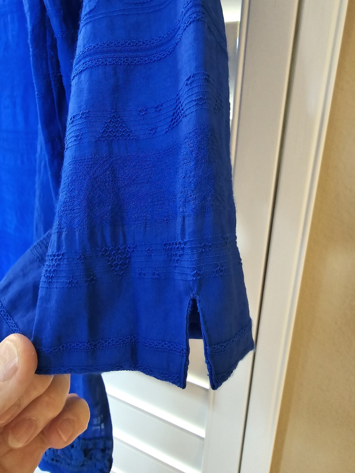 Alfred Dunner 14 Tunic Blouse Blue V Neck Beaded Embroidered 3/4 Sleeve