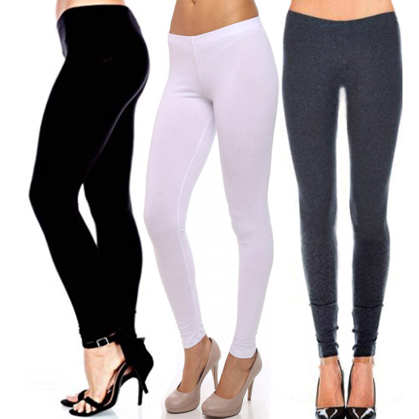 Plain Basic Solid Cotton Ankle Length Long Full Leggings Junior & Plus Size S-3X