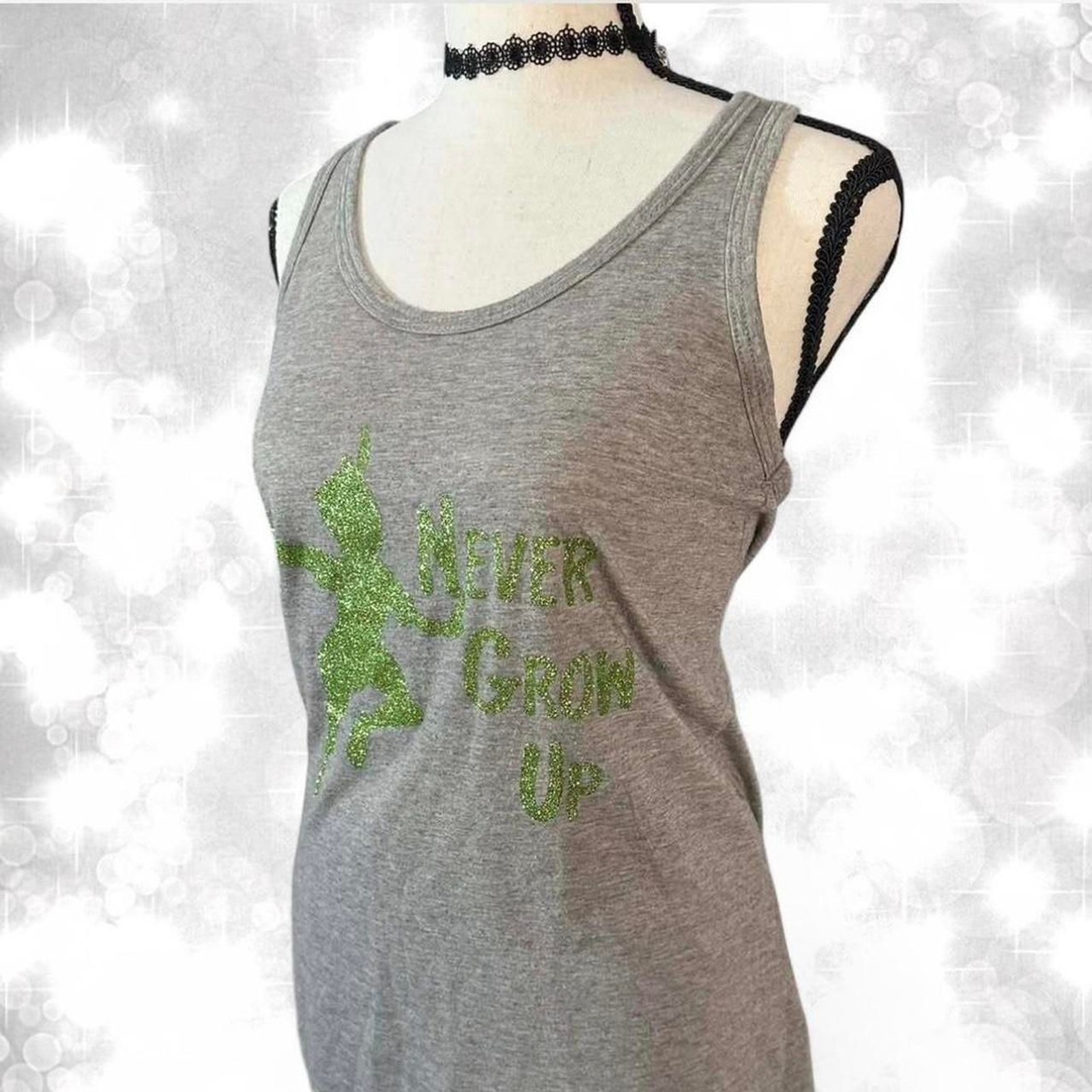 Disney glitter green Peter Pan graphic tank top. Fairycore, whimsical