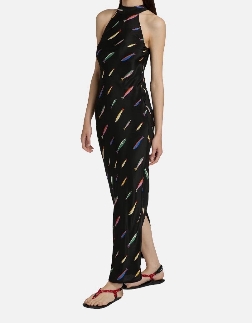 NWT Staud Women’s Black Silk Pop Sardine Print Halter Winnie Maxi Dress Size 4